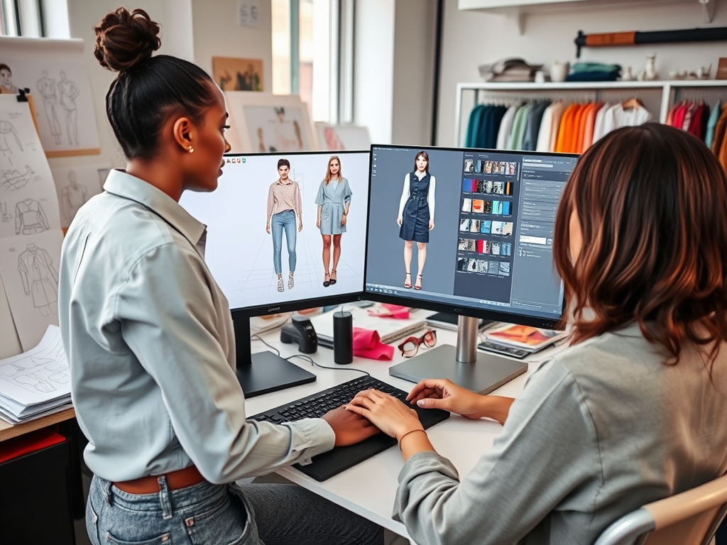 Two women collaborate at a computer, reviewing fashion designs on screen with sketches in the background.