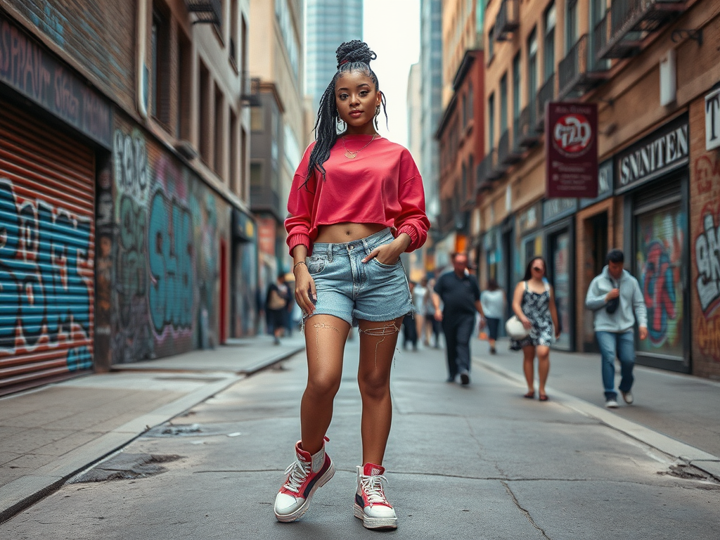 A person wearing a red cropped sweater and denim shorts stands confidently in a vibrant urban alleyway.