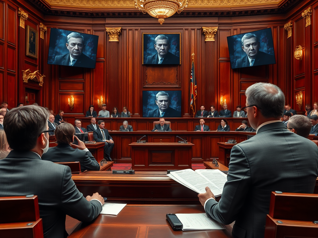 A formal meeting in a chamber with large screens displaying a man, while attendees listen intently.