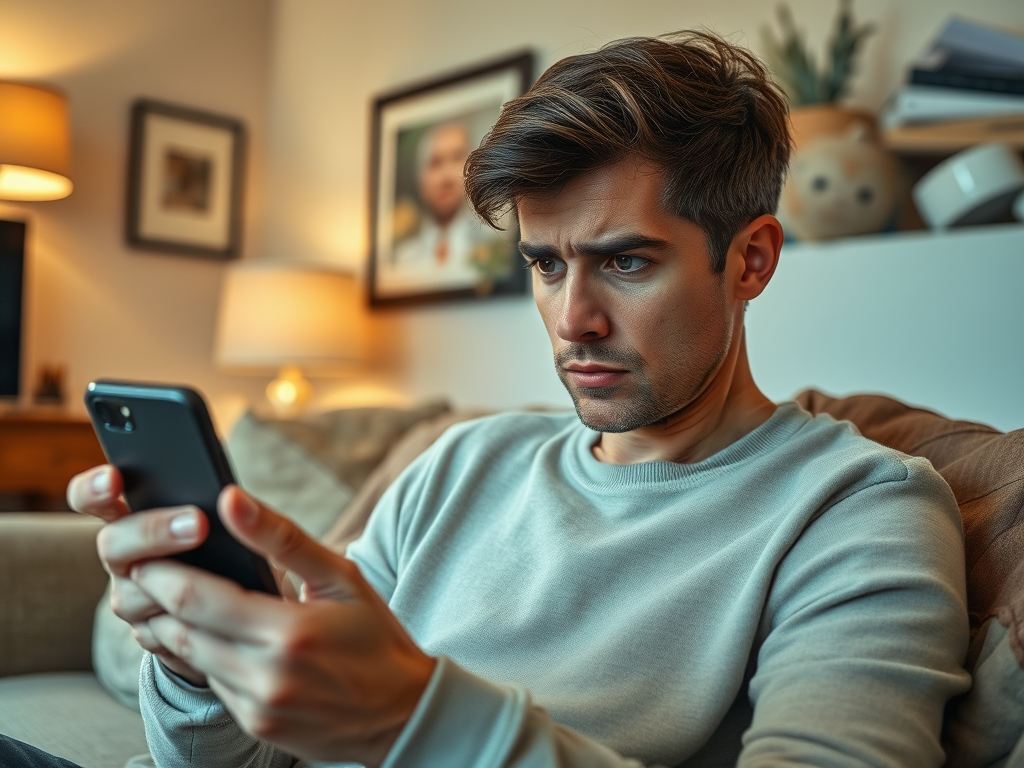 A young man looks intently at his phone while sitting on a sofa in a cozy living room setting.